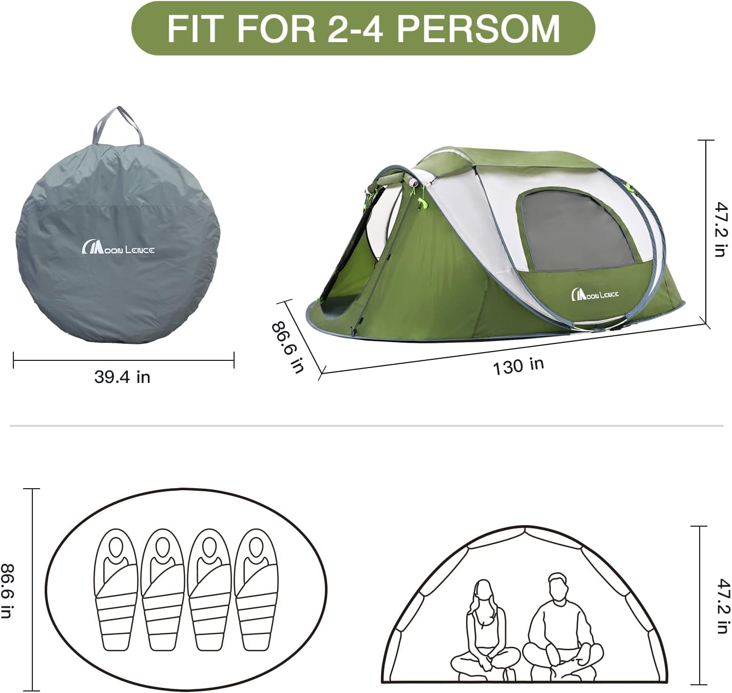 Pop up Tent Instant Tent 2 3 4 Person Camping Tent Waterproof Tent for Family Easy Setup with 3 Mesh Windows and 2 Big Doors