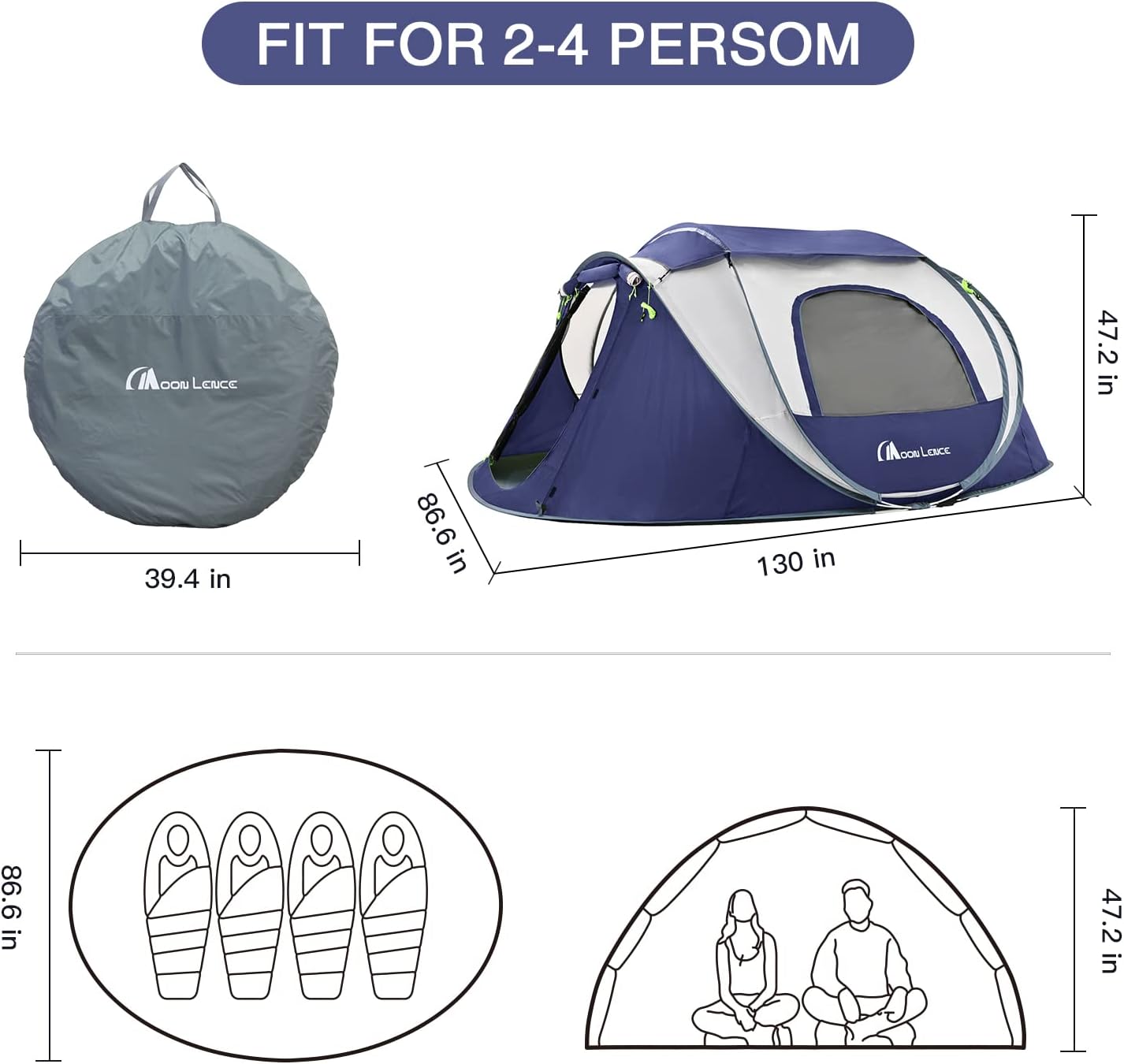 Moon Lence Pop up Tent Instant Tent 2 3 4 Person Camping Tent Waterproof Tent for Family Easy Setup with 3 Mesh Windows and 2 Big Doors