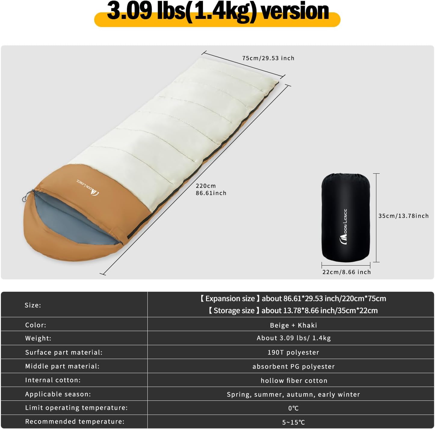 MOON LENCE Sleeping Bag, Envelope Style, 3.09 lbs, Lightweight, Waterproof, Compact, for Camping, Climbing, Spring, Summer, Fall, Winter