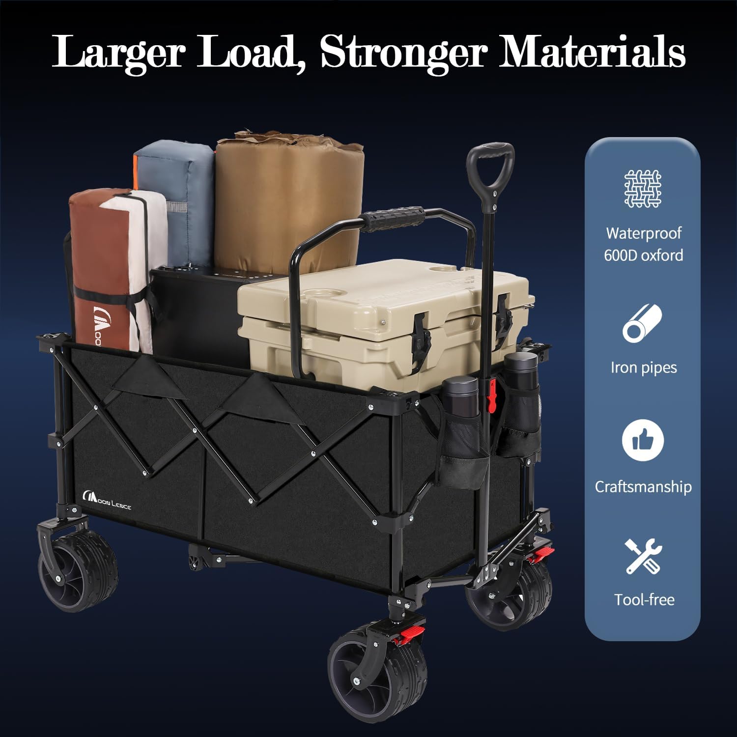 MOON LENCE Large Collapsible Foldable Wagon Cart, 220L Heavy Duty Folding Utility Wagon with All-Terrain Big Wheels, Suiitable for Garden, Grocery, Shopping, Camping, Beach, Picnics