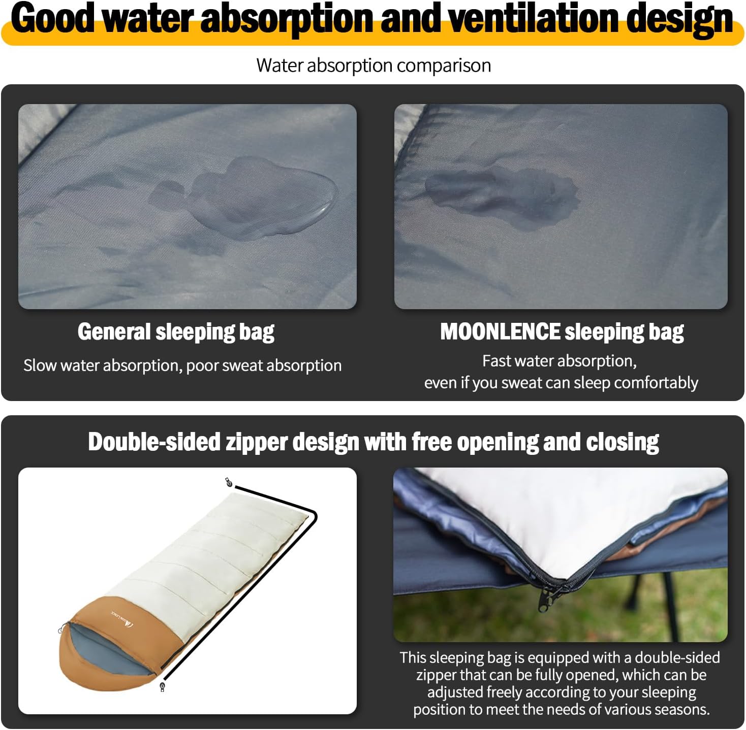 MOON LENCE Sleeping Bag, Envelope Style, 3.09 lbs, Lightweight, Waterproof, Compact, for Camping, Climbing, Spring, Summer, Fall, Winter