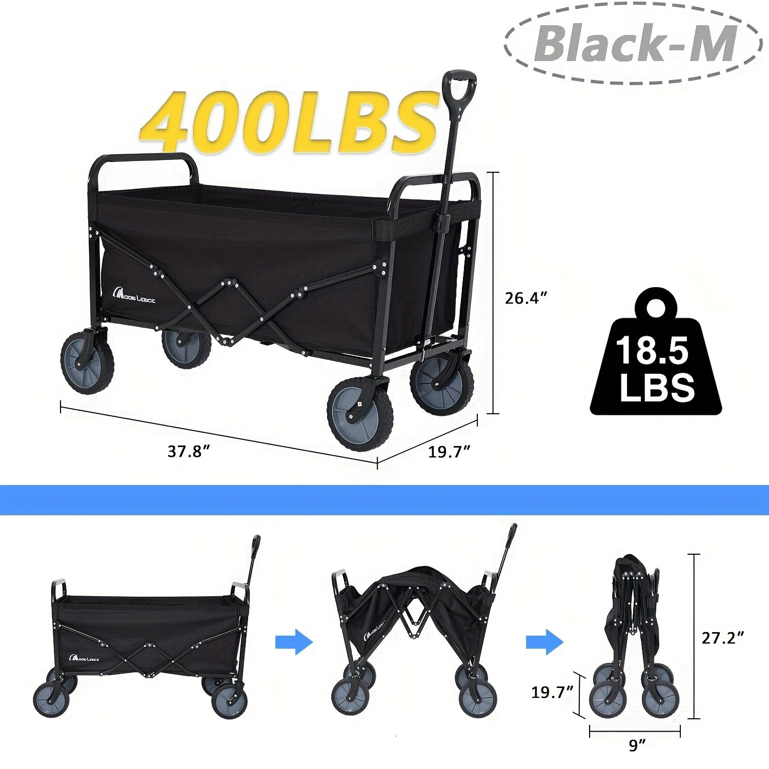 1pc Heavy Duty Collapsible Wagon - 350LBS Large Capacity, All-Terrain Wheels, Pet Carrier, Beach, Lawn, Shopping, Camping, 27.56" Utility Garden Cart-Black