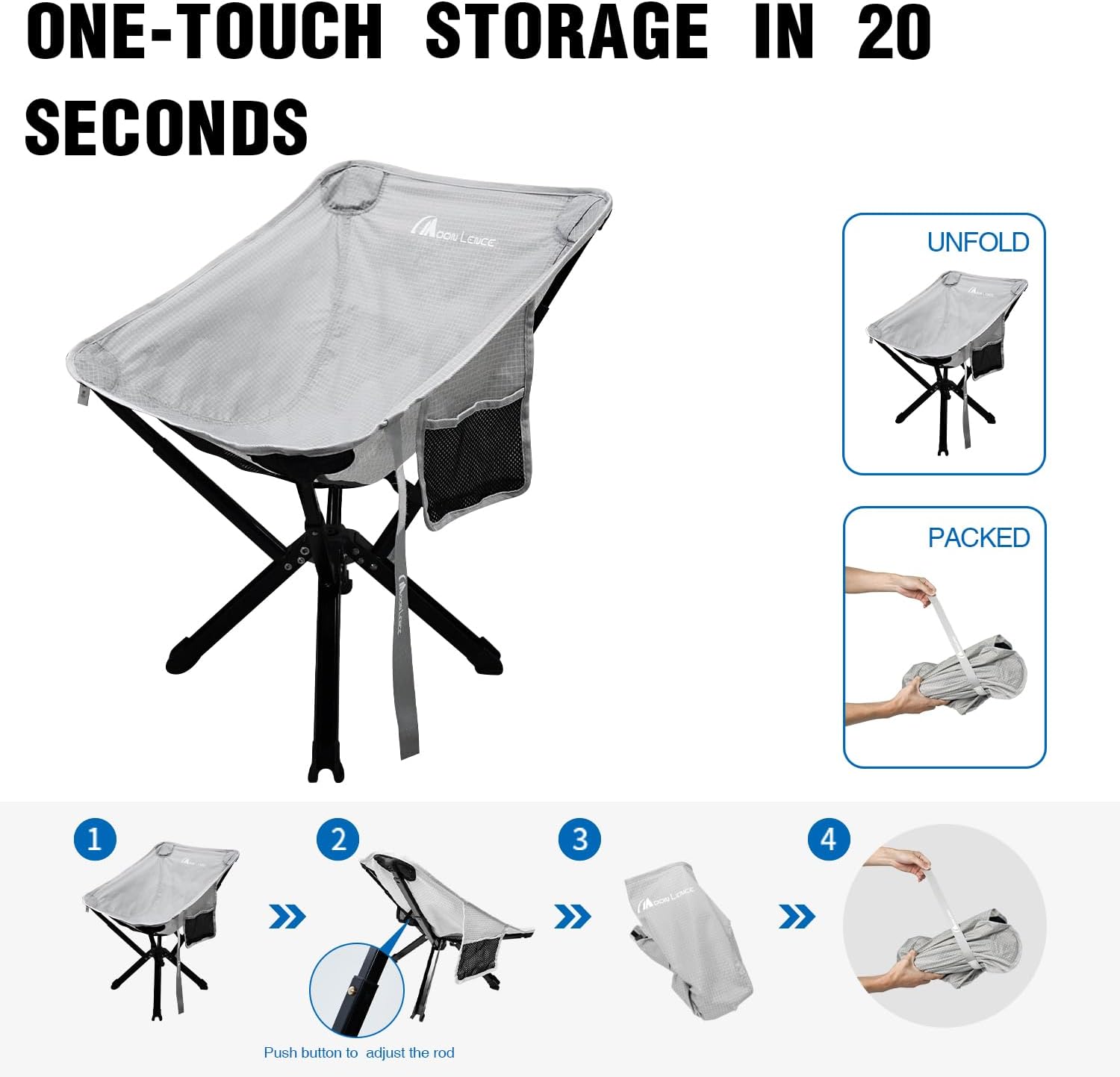 MOON LENCE Portable Camping Chair, Folding Chair for Outdoor Camp, Ligthweight, Heavy Duty, 330lbs, Compact for Backpacking, Outdoor, Beach, Picnic, Hiking (Grey)