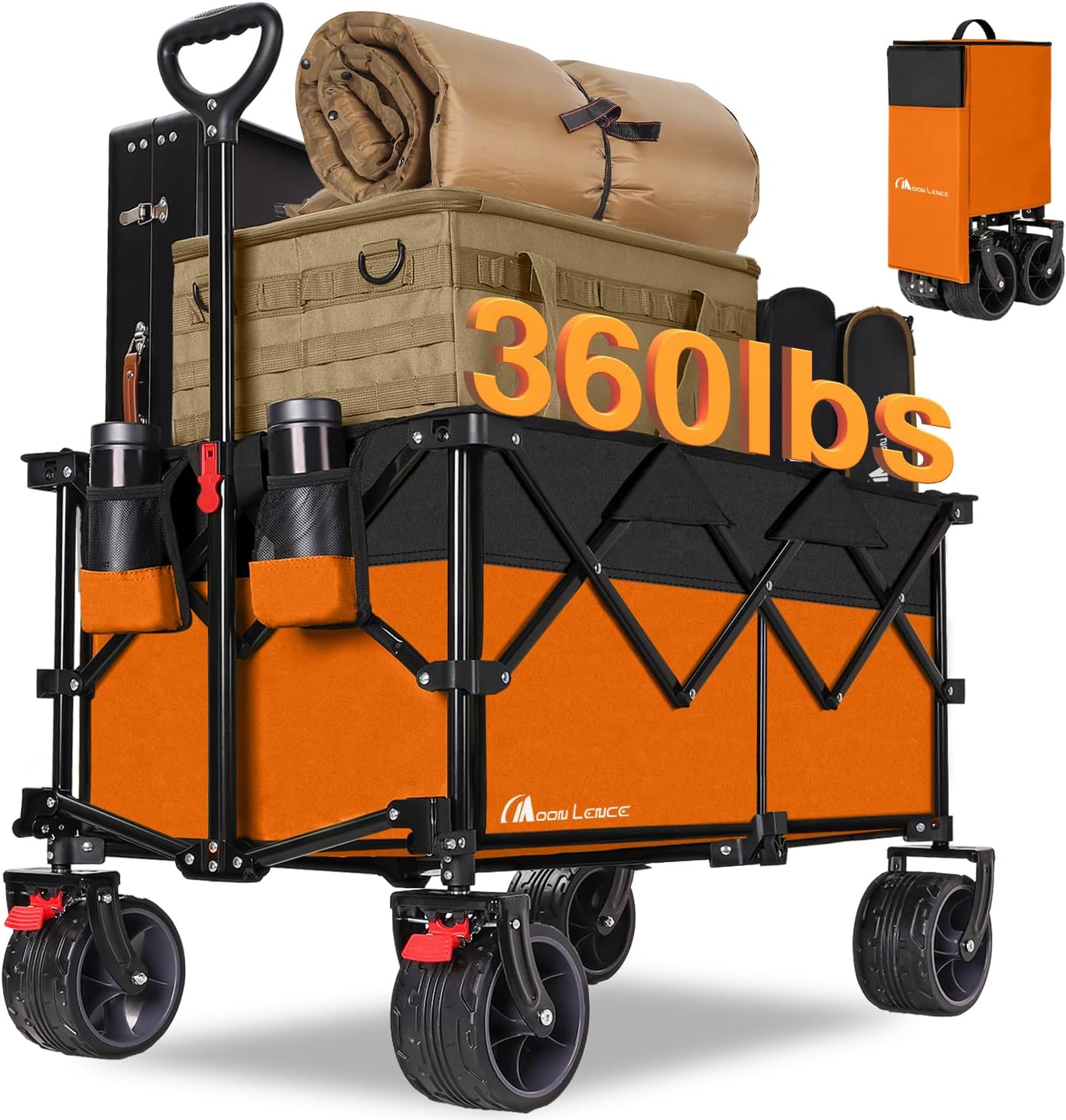 MOON LENCE Large Collapsible Foldable Wagon Cart, 220L Heavy Duty Folding Utility Wagon with All-Terrain Big Wheels, Suiitable for Garden, Grocery, Shopping, Camping, Beach, Picnics
