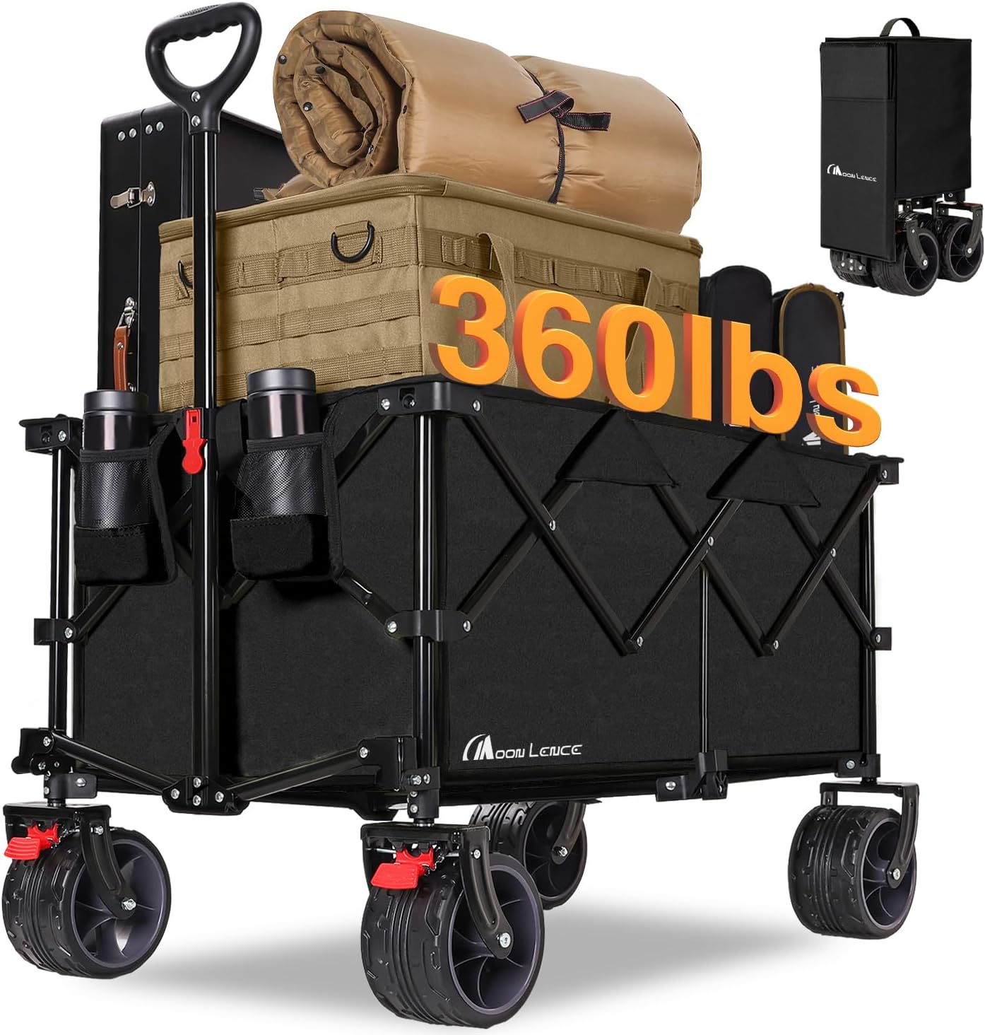 MOON LENCE Large Collapsible Foldable Wagon Cart, 220L Heavy Duty Folding Utility Wagon with All-Terrain Big Wheels, Suiitable for Garden, Grocery, Shopping, Camping, Beach, Picnics