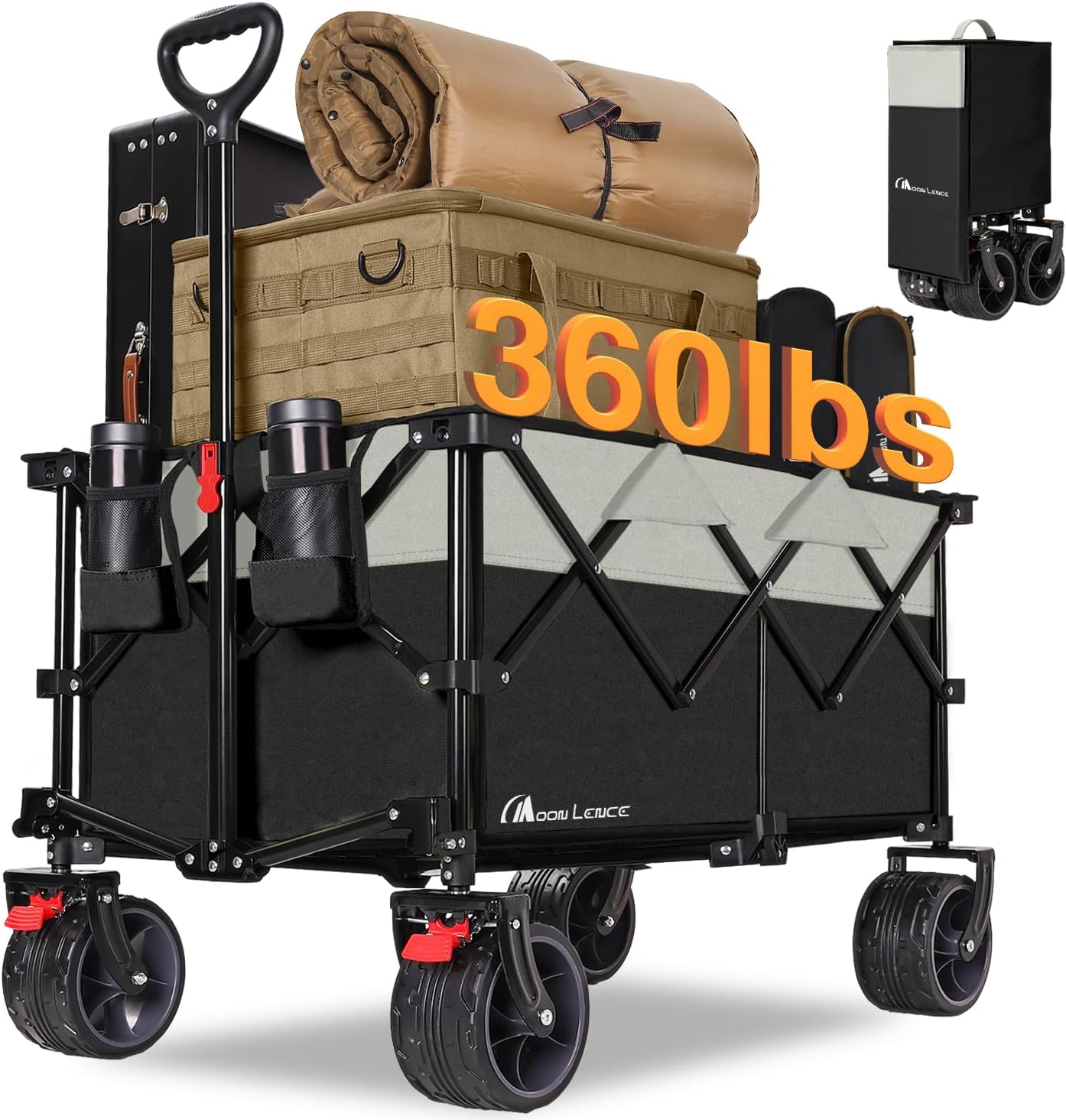 MOON LENCE Large Collapsible Foldable Wagon Cart, 220L Heavy Duty Folding Utility Wagon with All-Terrain Big Wheels, Suiitable for Garden, Grocery, Shopping, Camping, Beach, Picnics