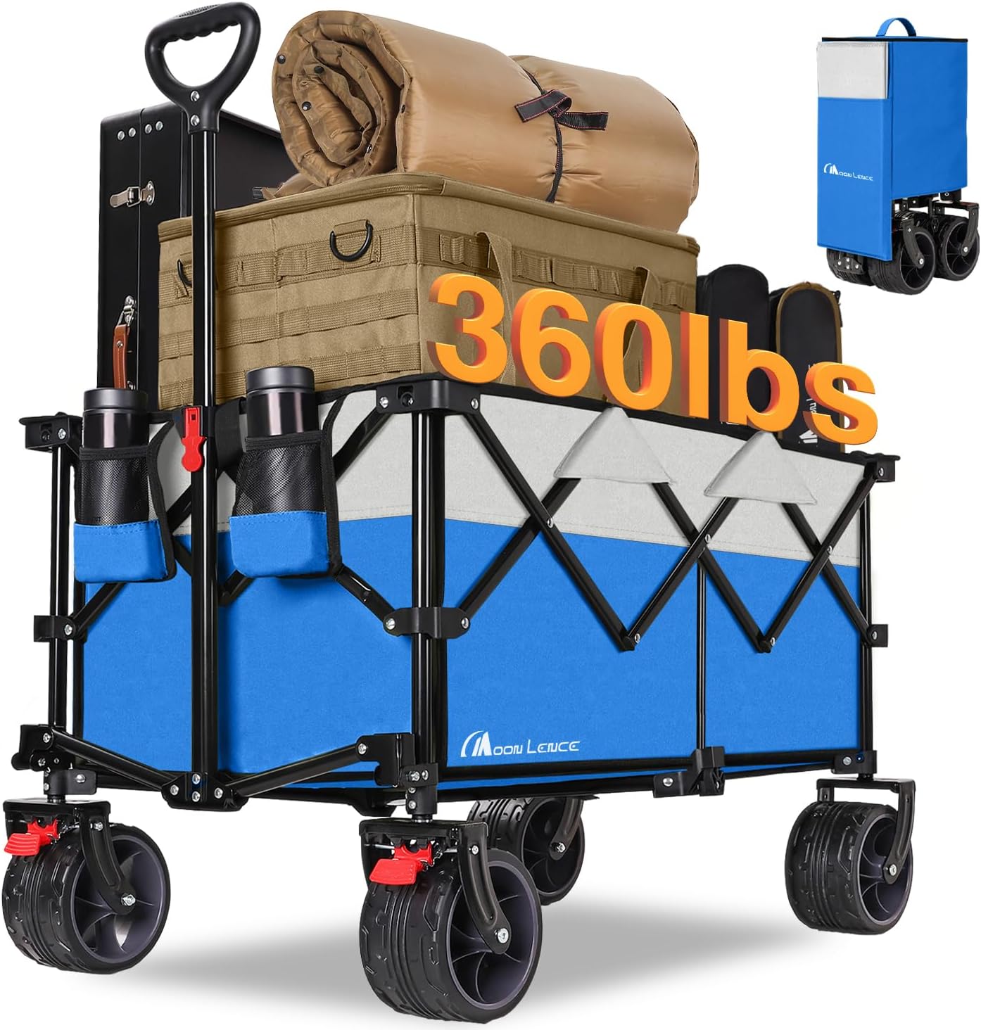 MOON LENCE Large Collapsible Foldable Wagon Cart, 220L Heavy Duty Folding Utility Wagon with All-Terrain Big Wheels, Suiitable for Garden, Grocery, Shopping, Camping, Beach, Picnics
