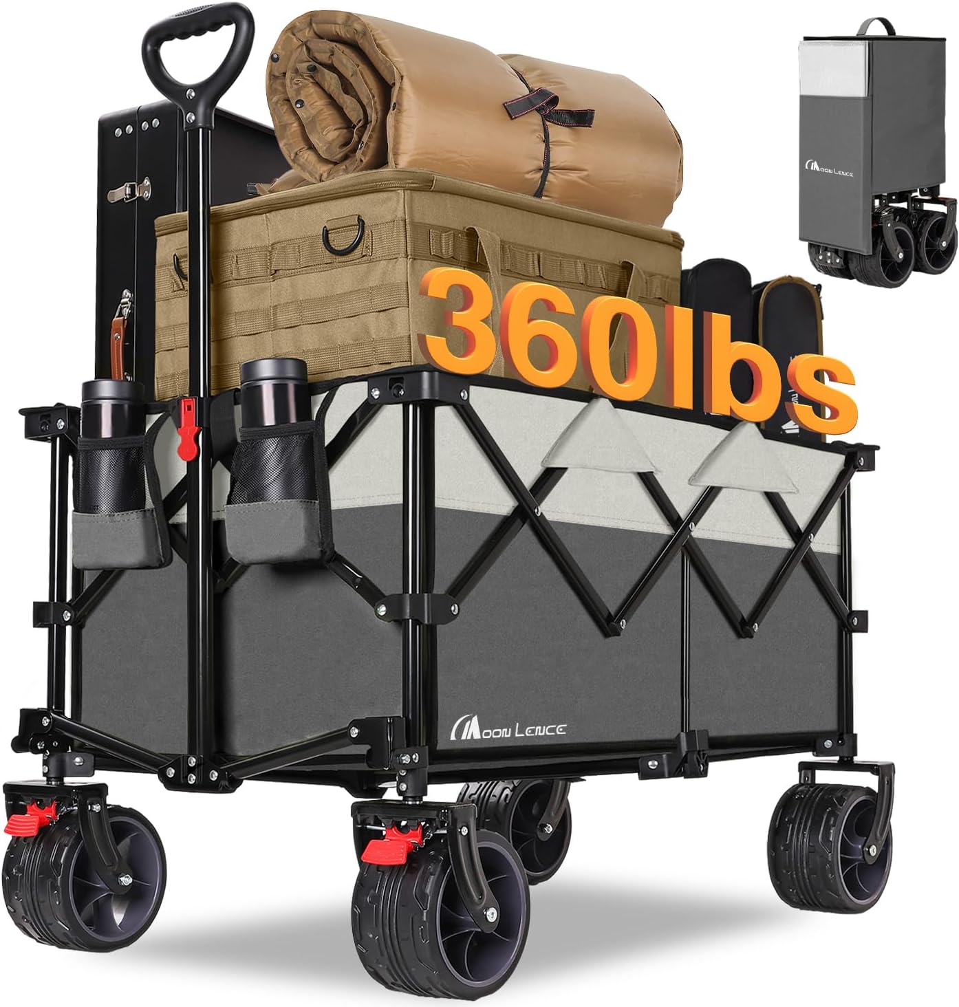 MOON LENCE Large Collapsible Foldable Wagon Cart, 220L Heavy Duty Folding Utility Wagon with All-Terrain Big Wheels, Suiitable for Garden, Grocery, Shopping, Camping, Beach, Picnics