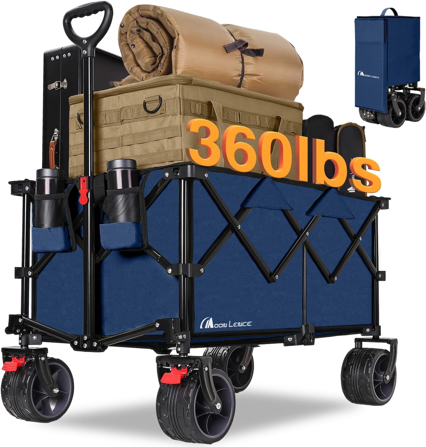 MOON LENCE Large Collapsible Foldable Wagon Cart, 220L Heavy Duty Folding Utility Wagon with All-Terrain Big Wheels, Suiitable for Garden, Grocery, Shopping, Camping, Beach, Picnics