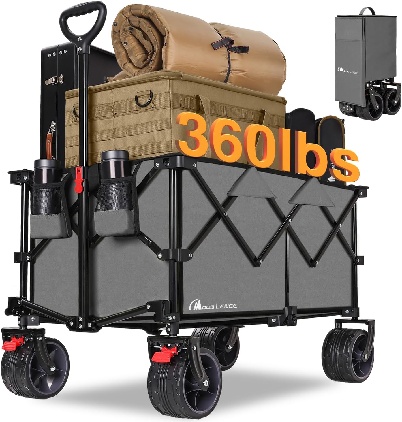 MOON LENCE Large Collapsible Foldable Wagon Cart, 220L Heavy Duty Folding Utility Wagon with All-Terrain Big Wheels, Suiitable for Garden, Grocery, Shopping, Camping, Beach, Picnics