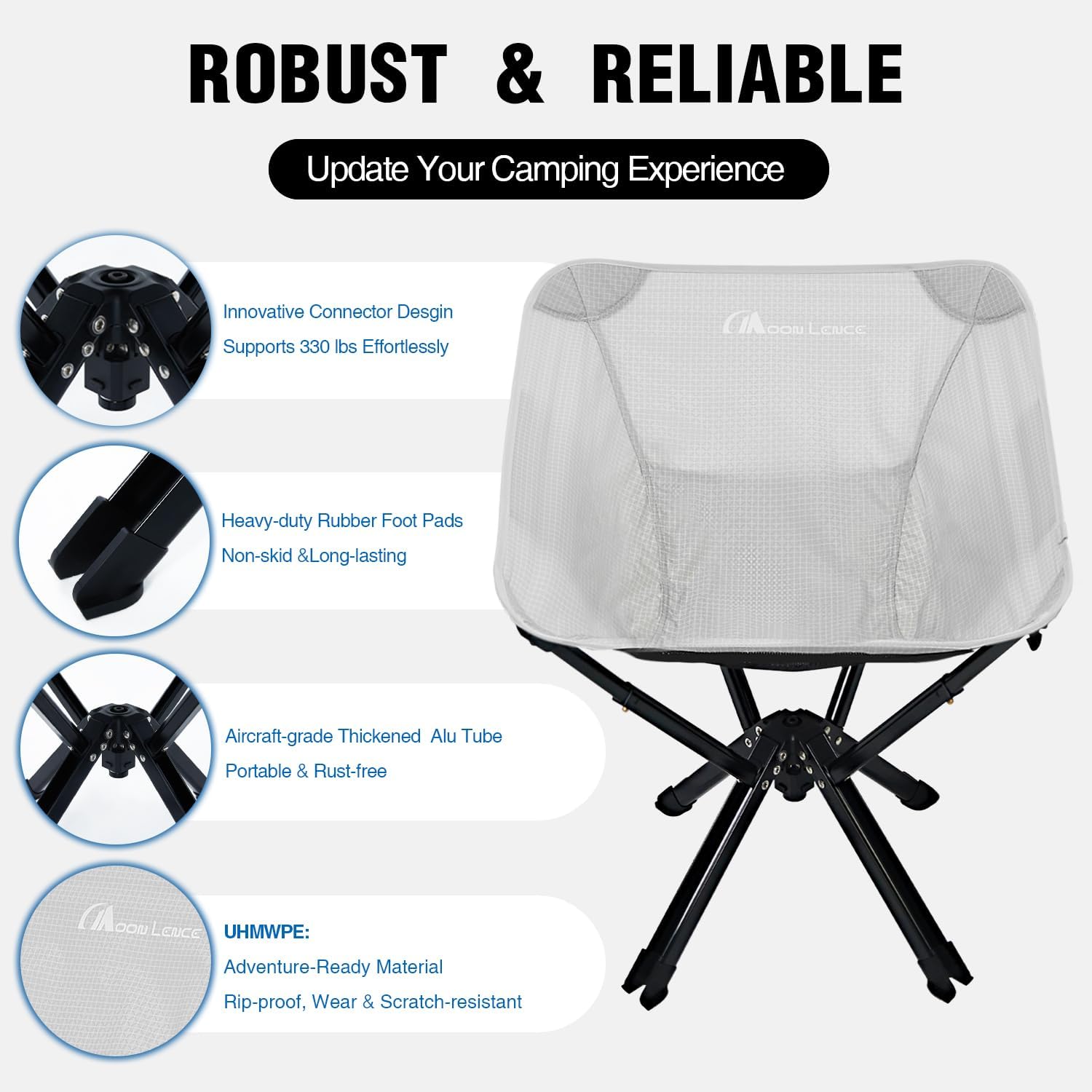 MOON LENCE Portable Camping Chair, Folding Chair for Outdoor Camp, Ligthweight, Heavy Duty, 330lbs, Compact for Backpacking, Outdoor, Beach, Picnic, Hiking (Grey)